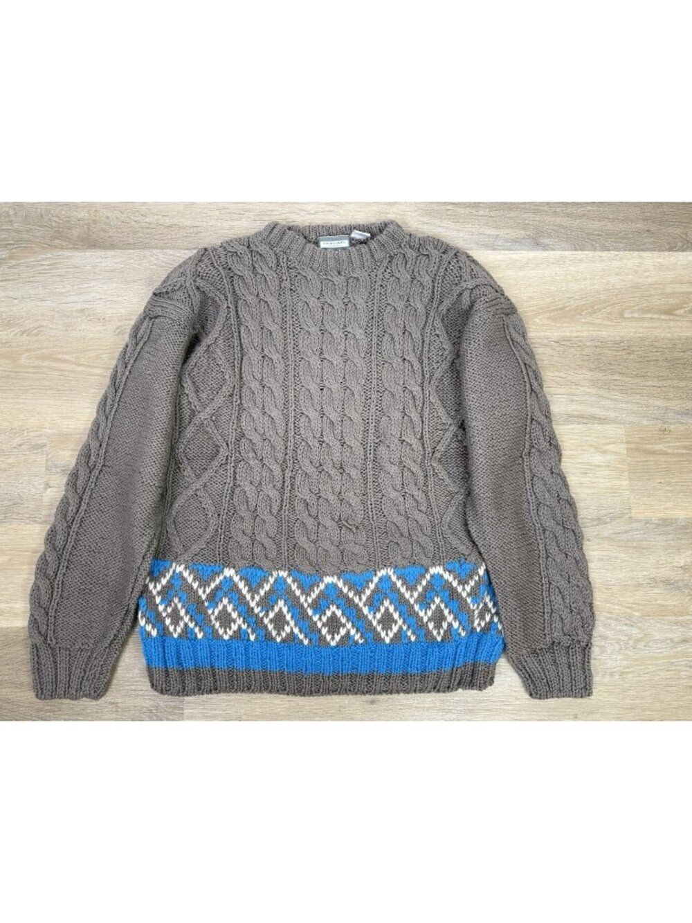 Vtg Cable Knit Pullover Fisherman Sweater Large Gray Wool Ski Geometric Nordic